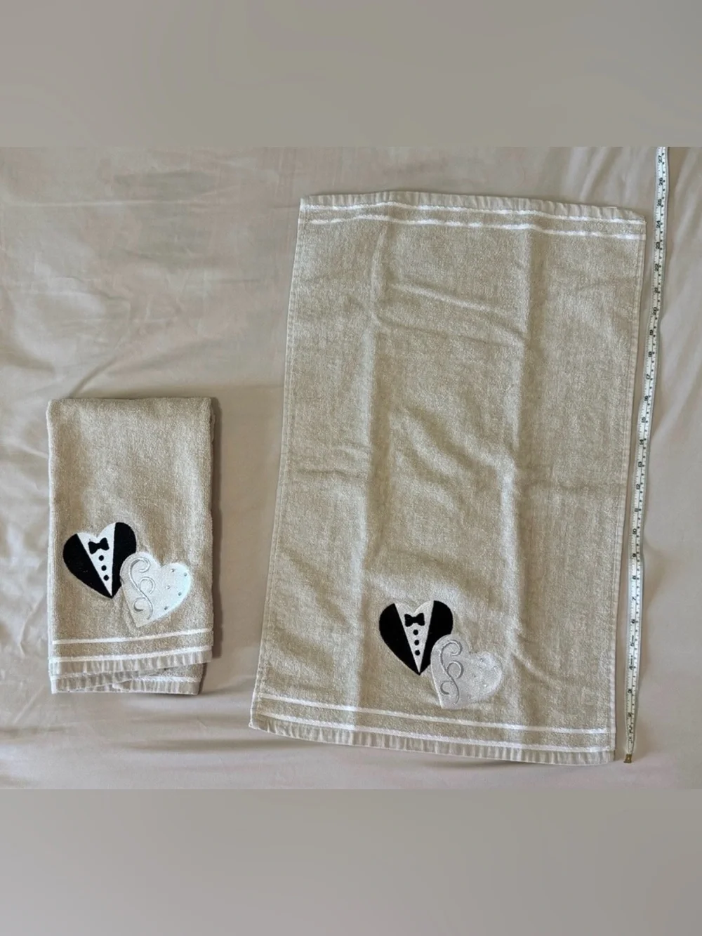 Wedding Bride Groom Embroidered Hand Towels Set of 2 Ivory / Cream NWOT